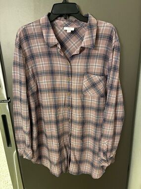 J Jill Lavender Plaid Cotton Blend Button Up Blouse 2X Career Casual Preppy
